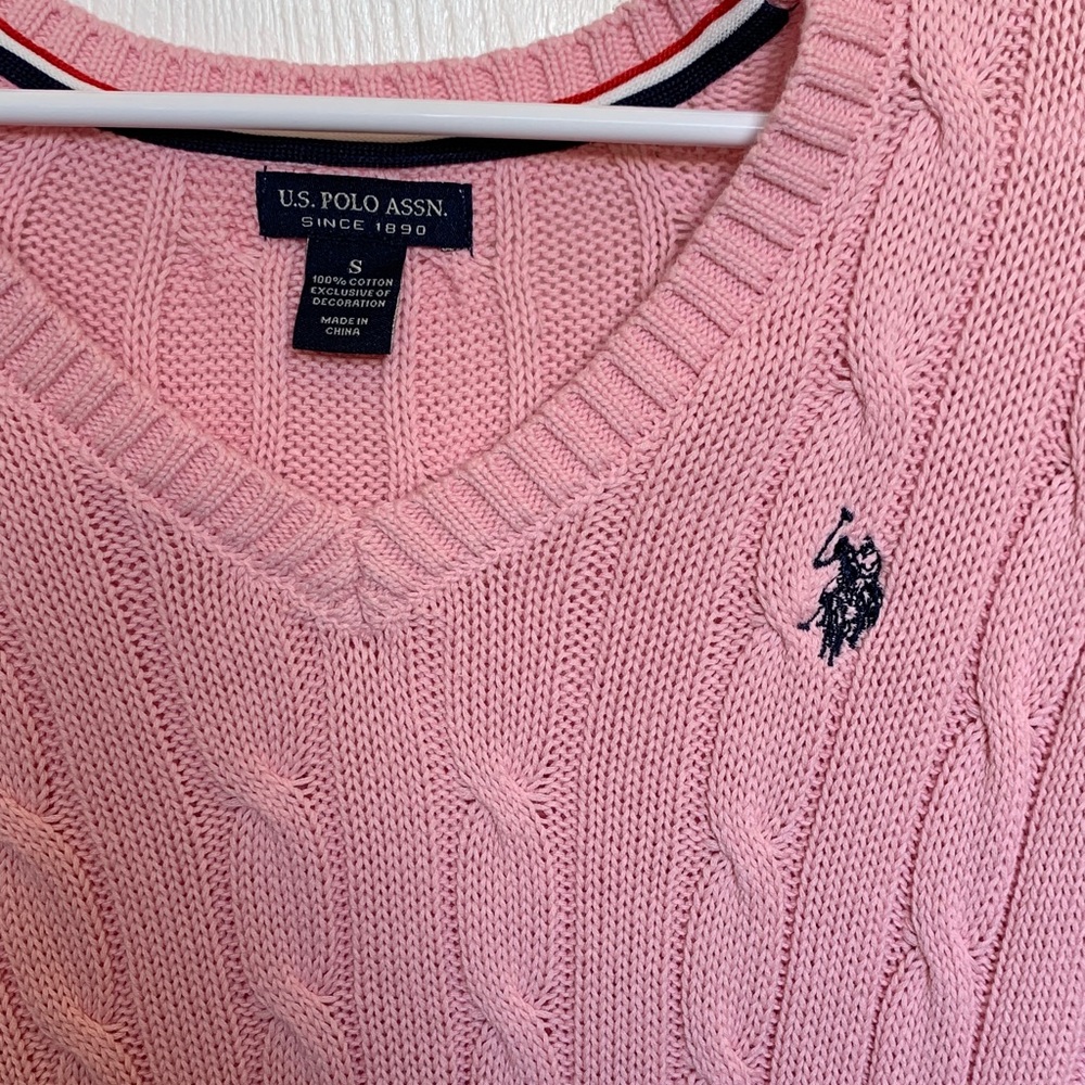 U.S. Polo Assn. Pink Cable-Knit V-Neck Sweater with Logo